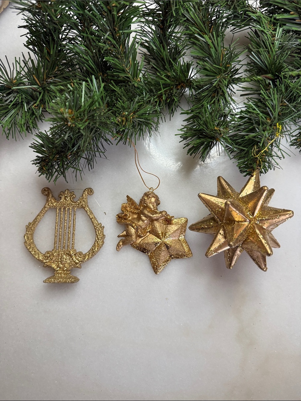 Gold Holiday Ornaments Set - Decorative Star, Angel & Lyre